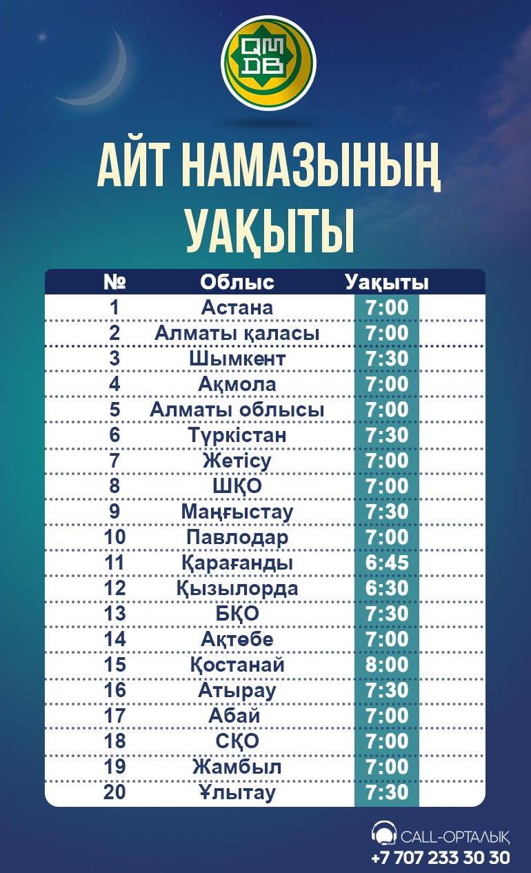 тало известно расписание Ораза айт намаза в городах Казахстана